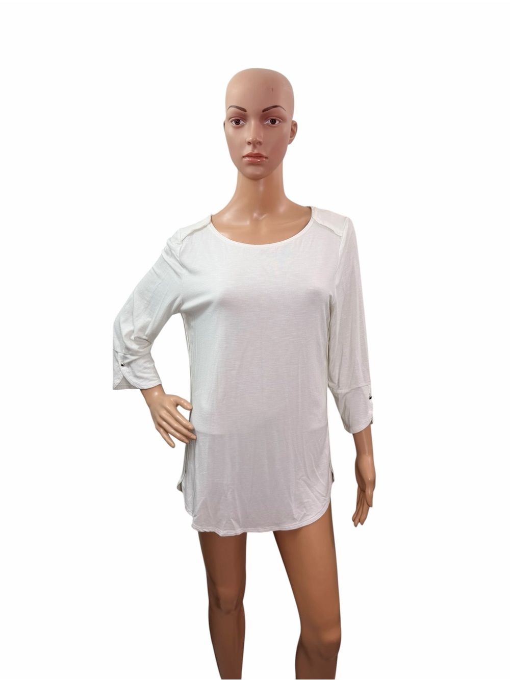 Chicos Zengery Women’s Size 8/10 Round Neck 3/4 Sleeve Solid White Tee